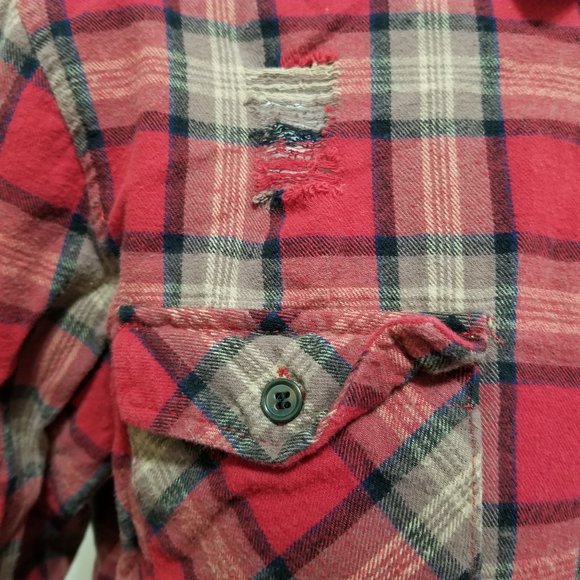 Forever 21 Men shirt Large distressed flannel button up plaid ripped torn grunge - Picture 7 of 15